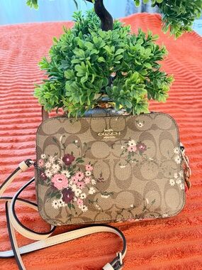 Coach Brown Signature Floral Camera Bag with Pink & Burgundy Blooms